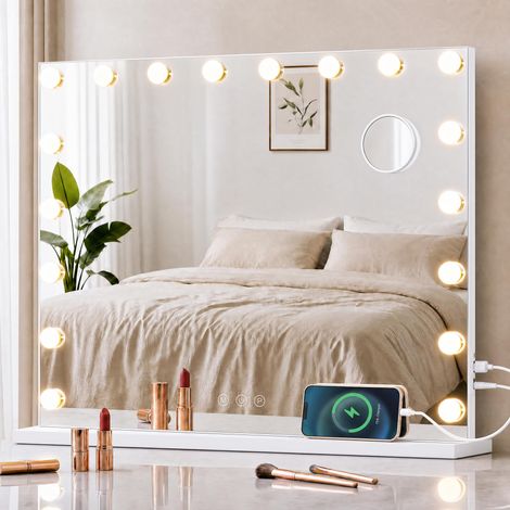 Miroir de Maquillage Lumineux pour Coiffeuse, avec 18 Ampoules LED, 3 Couleurs, Miroir Grossissant x10, USB, Mural ou de Table, 62 x 80 x 5,7 cm, Blanc Mat, Collection Berit (1/5)
