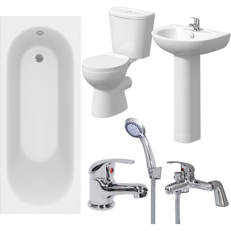 Bathroom Suite 1600mm White Curved Bath Toilet WC Basin Sink Tap Shower Mixer (1/5)