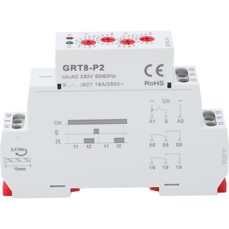 Relais temporisé industriel rail DIN, sortie impulsion électronique 230V avec voyant lumineux. (1/5)