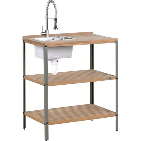 Outdoor-Kücheninsel mit Spüle IVREA Braun / Silber zertifiziertes Akazienholz (1/5)