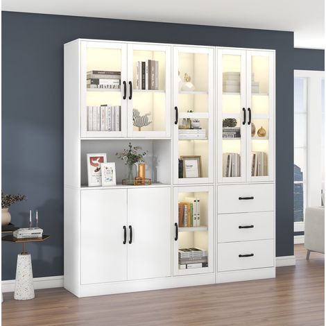 Vetrina combinata 180x40x200 cm, 8 porte, 3 cassetti, illuminazione LED USB, truciolare, bianco (1/5)