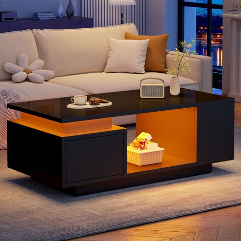 Tavolino da salotto 100x50x36 cm con LED, cassetto e vani contenitore laterali, design minimalista - Nero (1/5)