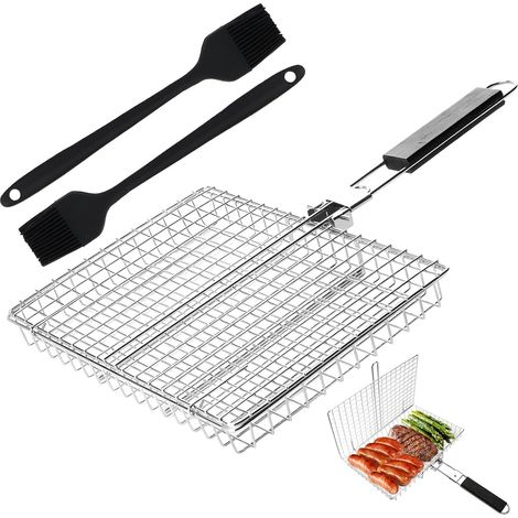 Panier Grille Barbecue en Acier Inoxydable,Grille de barbecue pliable avec 2 brosses en siliconem,Panier de barbecue avec poignée amovible Pour le camping et les grillades,poissons,légumes,crevettes (1/5)