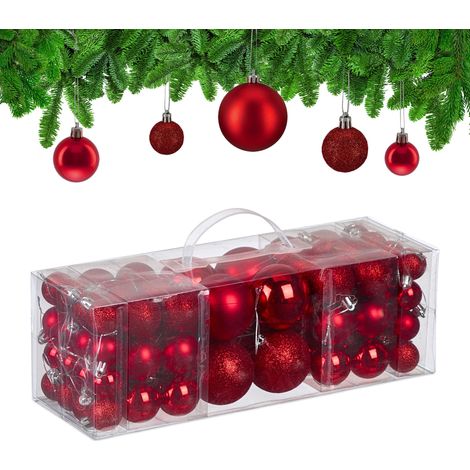 Relaxdays Palline di Natale, Set 76 Palle Albero, Addobbi Natalizi, Sfere in Plastica Opache, Lucide e Glitter, Rosso (1/5)