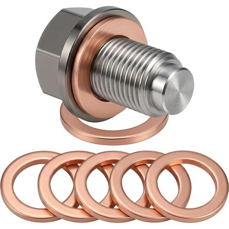 Bouchon de vidange d'huile magnétique M12 x 1,5 - Joint magnétique - Écrou de vidange d'huile  Vis de réservoir d'huile magnétique avec 5 joints en cuivre, vis de vidange pour la plupart des voitures (1/5)