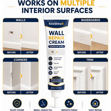 Crème de réparation murale KineShineX : Comble les trous, scelle les fissures, sèche rapidement, lisse et redonne aux murs leur aspect neuf. Un indispensable pour vos travaux de rénovation. (1/4)