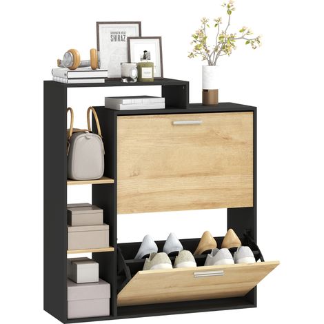 Boîte à chaussures mobile en bois noir naturel avec 2 tiroirs et étagères pour un rangement élégant et pratique (1/5)