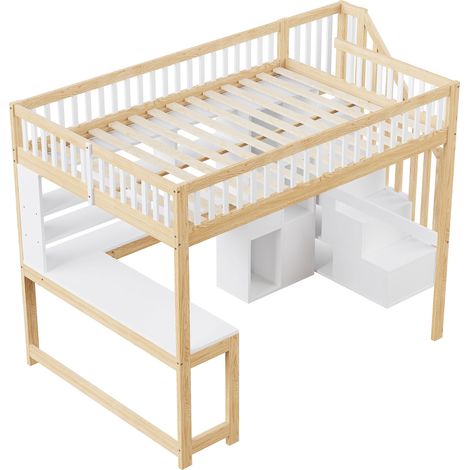 Letto a soppalco 140x200 cm con LED, scala contenitore, scaffali e scrivania, bianco e naturale (1/5)