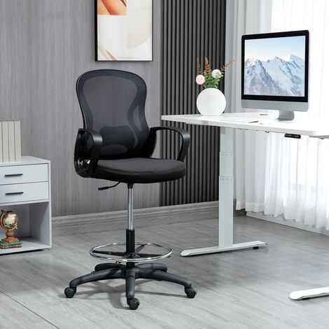 Chaise Bureau Assise Haute - Maille, Hauteur Réglable, Pivotant, Repose-Pied, Noir