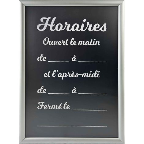 Cadre d'affichage aluminium gris avec adhésif "HORAIRES" fond noir mat format A2 (1/4)