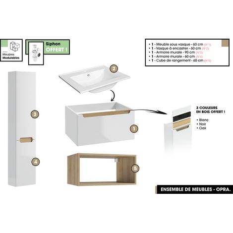 Ensemble complet de salle de bain - Meuble - Armoires - Cube - Vasque à encastrer avec Siphon OFFERT OPRA 60 x 30 x 45 cm (1/5)