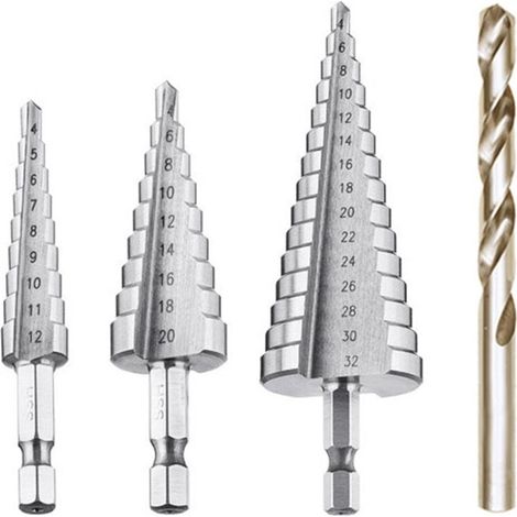 Stufenbohrer, HSS-Metall-Senkbohrer, 4 Stück, 4–12/20/32 mm, Stufenbohrer, Stahl-Senkbohren, konisches Dreieck mit Titanbeschichtung, Schraubendreherbohren für Stahl/Holz/Messing/Kunststoff/PVC (1/4)