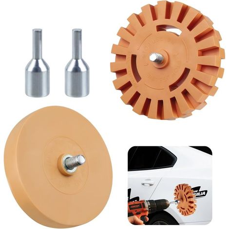 Lot de 2 Gomme à Stickers – Disque Gomme 100 mm & 88 mm pour Perceuse – Retire Autocollants, Résidus de Colle sur Voiture, Verre, Métal (1/5)