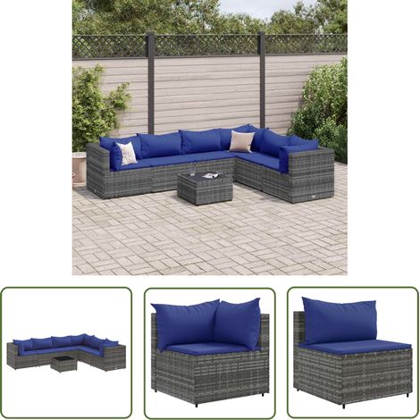 The Living Store Salon de jardin 7 pcs avec coussins Gris Résine tressée - Salon De Jardin - Meuble De Jardin - Set De Salon - Résine Tressée - Rotin Synthétique (1/5)