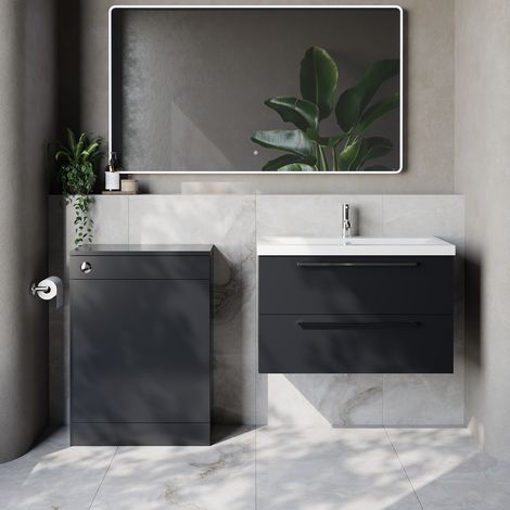 Napoli 390 Cento Gloss Grey 1400mm Wall Mounted 2 Drawer Vanity Unit and Toilet Suite with Glide Basin - 1400mm - Chrome 480mm HandleWithout Kingston Toilet Pan