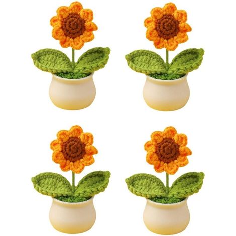 Lot de 4 mini tournesols au crochet en pot, fausses fleurs artificielles tricotées à la main pour décoration de voiture-AquaForge (1/5)