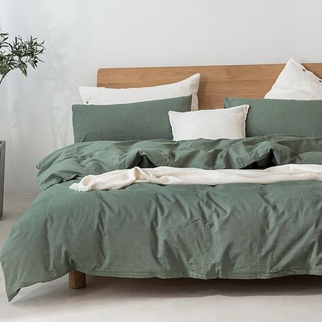 Parure de lit en coton délavé avec housse de couette 135 x 200 cm et taie d'oreiller de 80 x 80 cm, aspect lin délavé avec fermeture éclair, vert sauge (1/5)