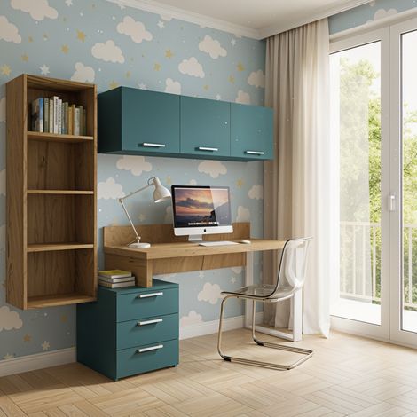 Angolo libreria design con cubotti e cassettiera - Soluzione moderna e salvaspazio - Quercia e verde petrolio (1/5)