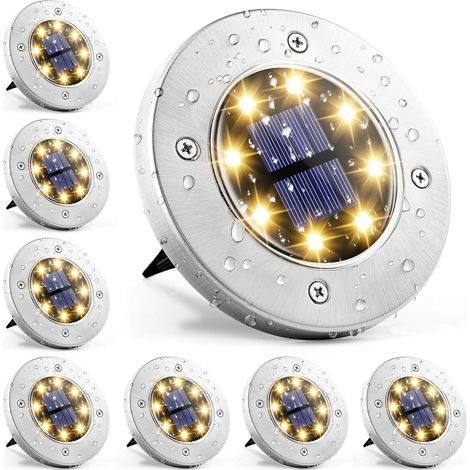 Lampes solaires de sol, 8 lampes solaires LED d'extérieur, éclairage paysager étanche pour jardin, cour, terrasse, allée, patio (8, blanc chaud)-AquaForge (1/5)