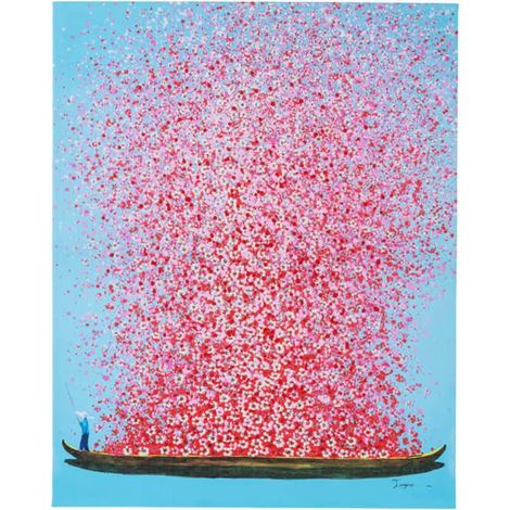 Impression sur toile motif bateau à fleurs, bleu, rose, peinture acrylique, détails peints à la main, cadre en bois massif, décoration d'intérieur pour salon, chambre à coucher, 30 x 40 cm (1/5)