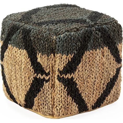 Pouf carré naturel noir en shumak style ethnique élégant - naturel tressé beige et noir