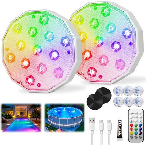 Magnetische Poolleuchte, 2 wiederaufladbare RGB-LED-Unterwasserleuchten, schwimmende Poolbeleuchtung, mit Fernbedienung, wasserdicht (IP67), Poolbeleuchtung für Badewanne, Teich, Partys (1/5)