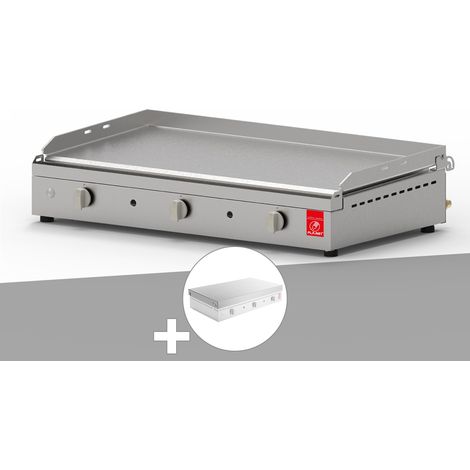 Plancha PLANET à gaz - CHEF 80 Lisse + Couvercle à Charnières - 3 brûleurs - Inox 304 Alimentaire