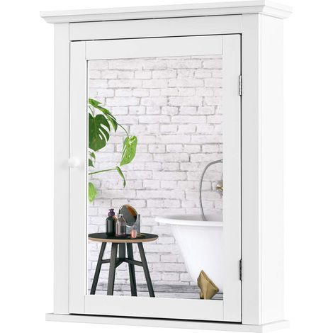COSTWAY Spiegelschrank Bad, Wandschrank mit Spiegel, Tür & verstellbarem Regal, 56 x 15 x 69,5 cm Hängeschrank Holz, Weiß