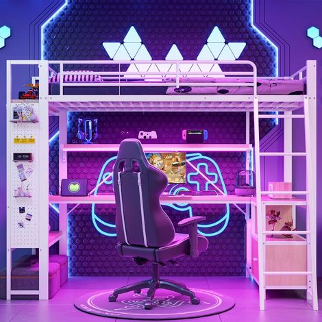 Lit mezzanine - 90 x 200 cm - Métal & MDF - Bureau intégré - LED contrôlable et port USB (1/5)