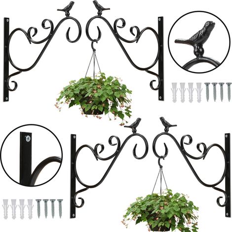 TolleTour Gancho para Cesta Colgante de Balcón - Juego de 4 - Motivo de Pájaro - Soporte de Pared de Metal Negro para Plantas de Exterior
