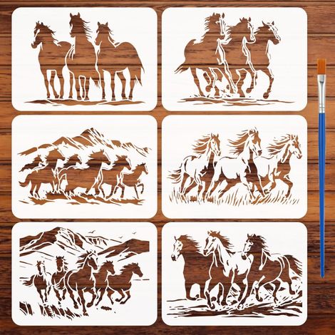 6 Pièces Pochoirs de Troupeau de Chevaux avec Pinceau 21x29,7cm Gabarit de Dessin de Silhouette de Cheval Galopant Réutilisable Gabarit de Prairie Montagnes Herbe Pochoir Thème Animal (1/5)