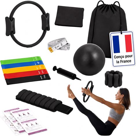 Relaxdays Kit Pilates 13 pcs : anneau, ballon, 6 bandes de résistance, manchettes lestées, accessoires Pilates, noir (1/5)