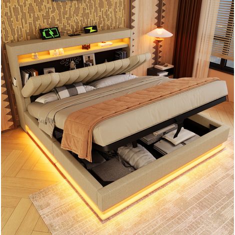 Letto matrimoniale 180x200 cm imbottito in lino beige con testiera contenitore, LED, USB e vano idraulico (1/5)