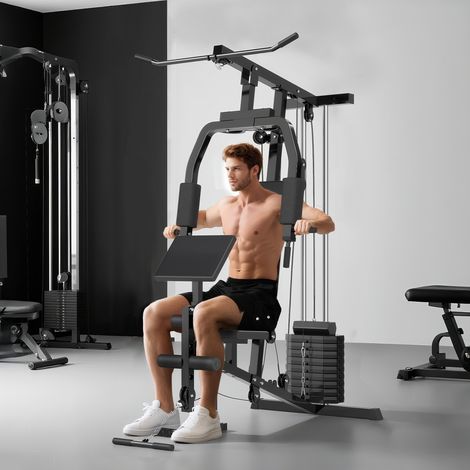 Station de musculation multifonctionnelle à domicile avec poulie haute, poulie basse, barre courte pour biceps, presse pectorale, presse à jambes, machine papillon, haltères de 45 kg, noire
