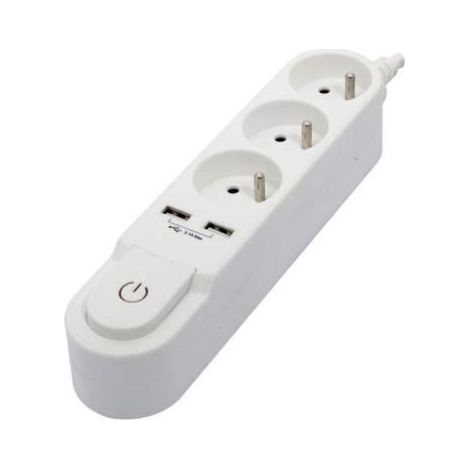 CHACON ciabatta multipresa con interruttore 3 prese 16 A e 2 porte USB 2 A, cavo 1,5 m bianco