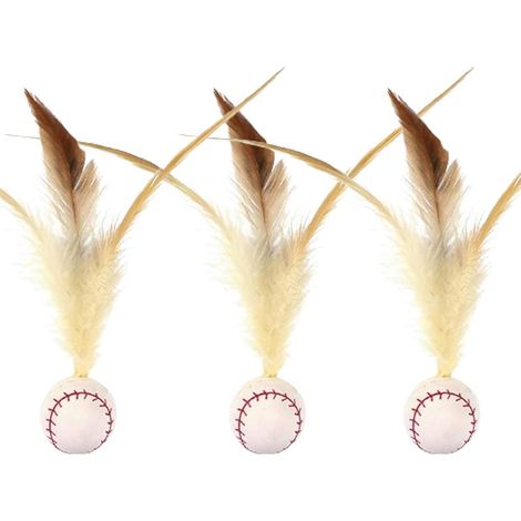 3 Pieces Baseball Pattern Cat Rebounding Balls with Natural Feathers for Cat Interactive Entertainment (1/4)