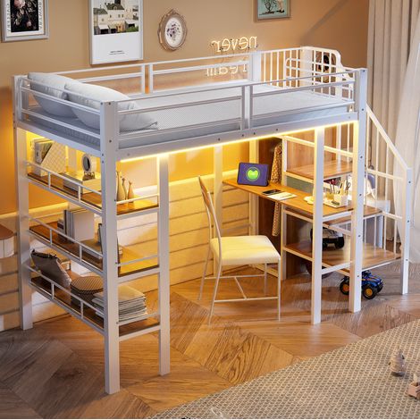 Letto a soppalco 90 x 200 cm con LED, presa, scaffali, scrivania e scala reversibile, bianco (1/5)