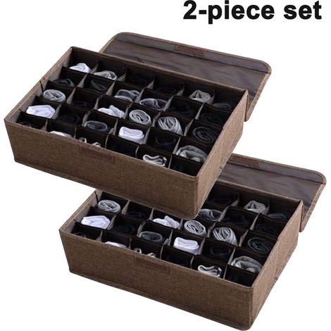 Boîte De Rangement Pour Sous-Vêtements Et Chaussettes - 30 Compartiments - Avec Couvercle - Pliable - Lin Et Coton - 43 x 29 x 13 cm - 2 Pièces (1/5)