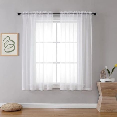 Lot de 2 voilages blancs légers et vaporeux - 100 x 130 cm - élégants rideaux unis pour la cuisine - blancs - 100 x 130 cm