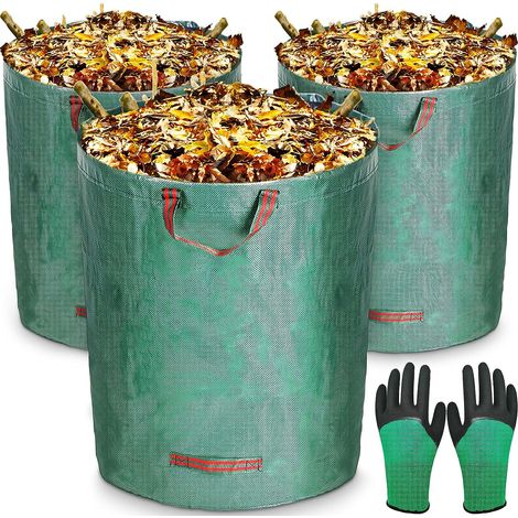 Kaelt - Sacs de Jardin 3x300L,Sac de Déchets de Jardin en polypropylène extrêmement robuste (PP),Pliables et réutilisables,étanche Grande Sacs avec Poignées,Sacs Poubelle de Jardin(Gants de Jardinage) (1/5)