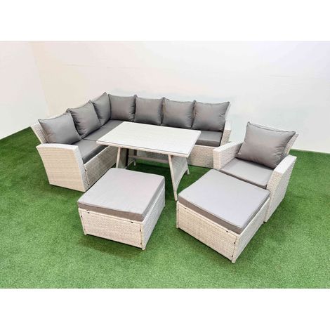 Fimous Garden Outdoor Rattan Furniture Set Rattan Corner Sofa Oblong Dining Table with Armchair 2 Big Footstools Light Grey Mixed 9 Seater (1/5)
