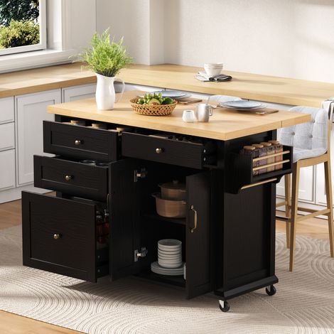 MEUBLIV isola da cucina mobile nera effetto legno con ruote, piano estensibile e vani (1/5)