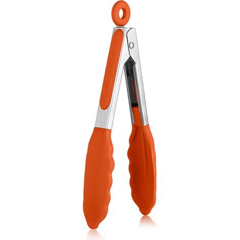 18 cm 315 ℃ Pince de cuisine en silicone résistant à la chaleur avec embouts en caoutchouc antiadhésif hermétiquement scellés et poignée en acier revêtue de silicone pour servir (Orange) (1/5)