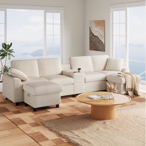 U-förmiges Cordsofa Beige mit 2 Aufbewahrungshockern, USB, Steckdosen und Type-C HAVRYA (1/5)