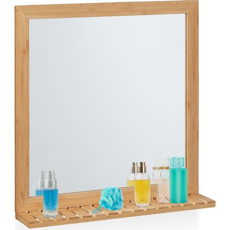 Relaxdays Espejo Pared con Balda, Marco de Bambú, 61,5x60x12 cm, Colgante, Baño, Vestidor y Aseo de Invitados, Natural (1/5)