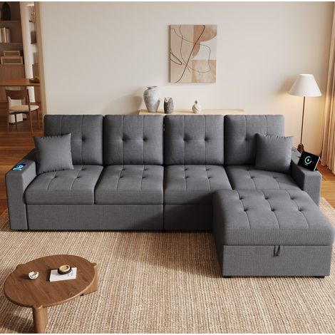 Sofá esquinero modular 4 plazas con puf, LED y puertos USB Tipo-C gris DESVIAE (1/5)
