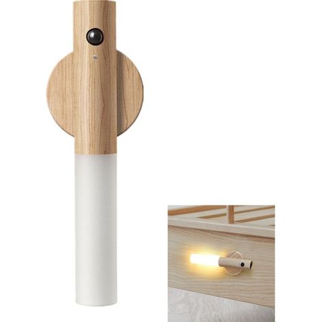 Applique murale en bois avec détecteur de mouvement Rechargeable par USB Blanc chaud Sans fil Avec interrupteur Pour chambre à coucher, couloir,cage d'escalier (1/5)