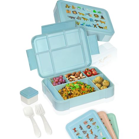Bento Box - Boîte à déjeuner pour enfants - Incassable, anti-fuite - Avec couverts et gobelets - Sans BPA - Passe au lave-vaisselle et au micro-ondes - Capacité : 1330 ml (bleu) (1/5)