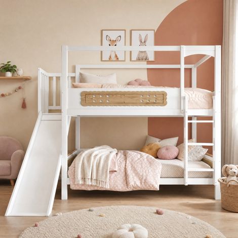 CHICFURN Litera infantil 90x200 cm de madera blanca con tobogán y escalera ancha (1/5)
