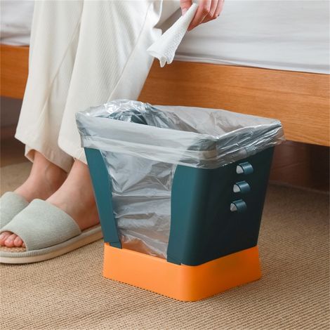 Poubelle en plastique extensible avec support pour sac poubelle, grande capacité, pour cuisine et salle de bain, bleu et jaune. (1/5)